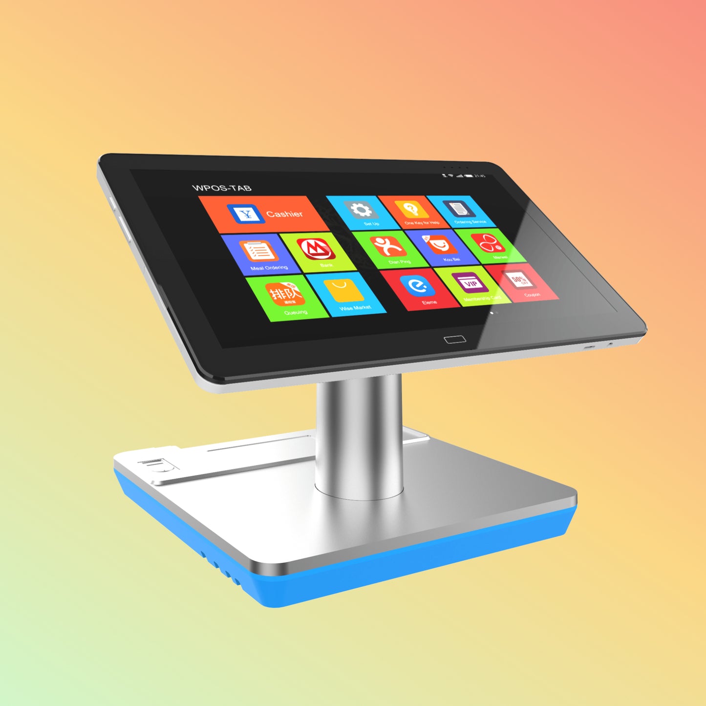 Front view of the NEOPOS Dual Screen Android POS Terminal showcasing its sleek design and aluminum alloy base.