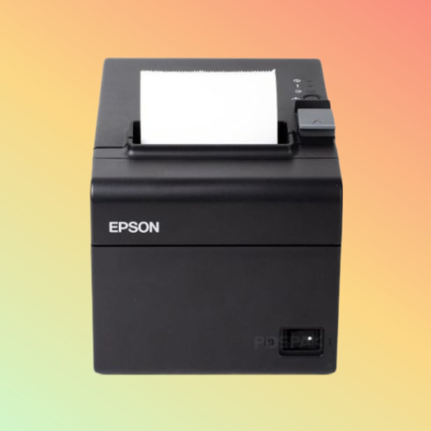 Epson TM-T82III printer showing front control buttons and paper roll