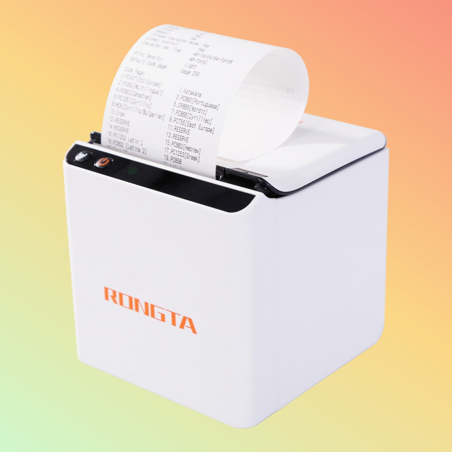 "Front view of Rongta ACE H1 Thermal Receipt Printer in white showing control panel and media slot."