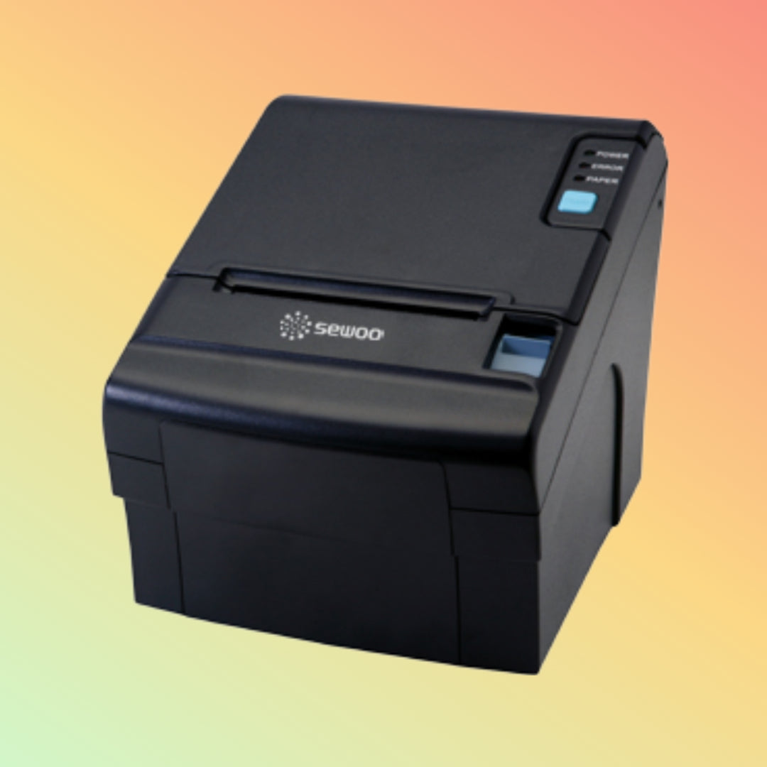 "Front view of SEWOO SLK-TE122 POS Printer showcasing energy-efficient design."