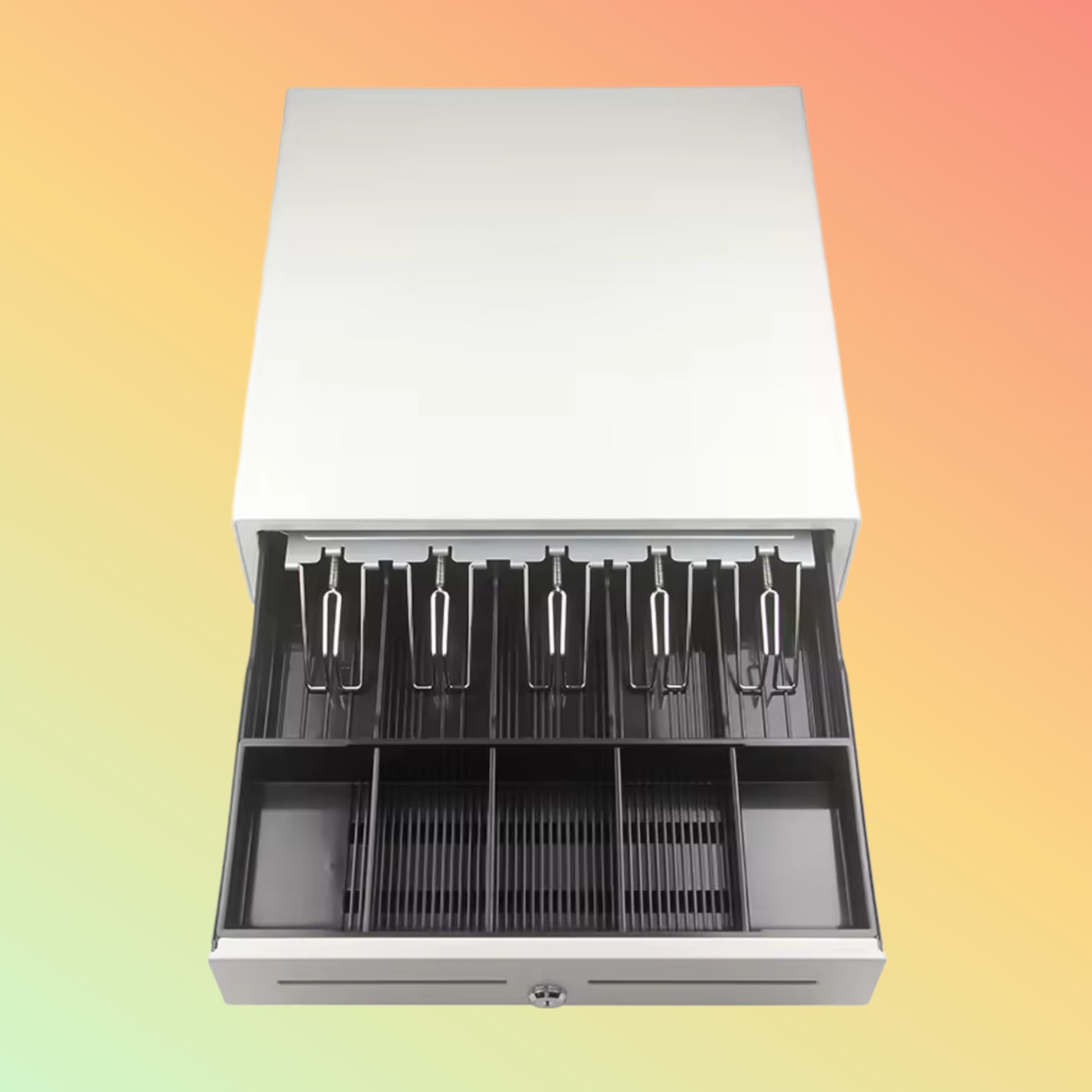 NEOPOS NP-R470 White Cash Drawer - Front View with 5 Bill and 8 Coin Slots