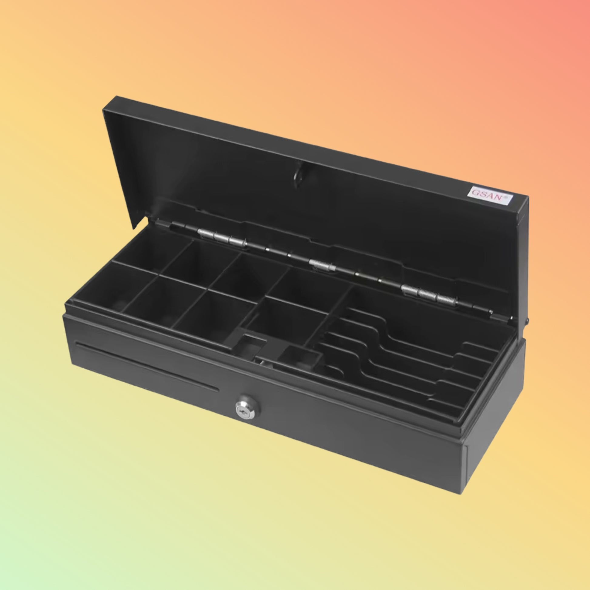 "Open NEOPOS NP-R170 cash drawer showing 8 coin compartments and a check port."