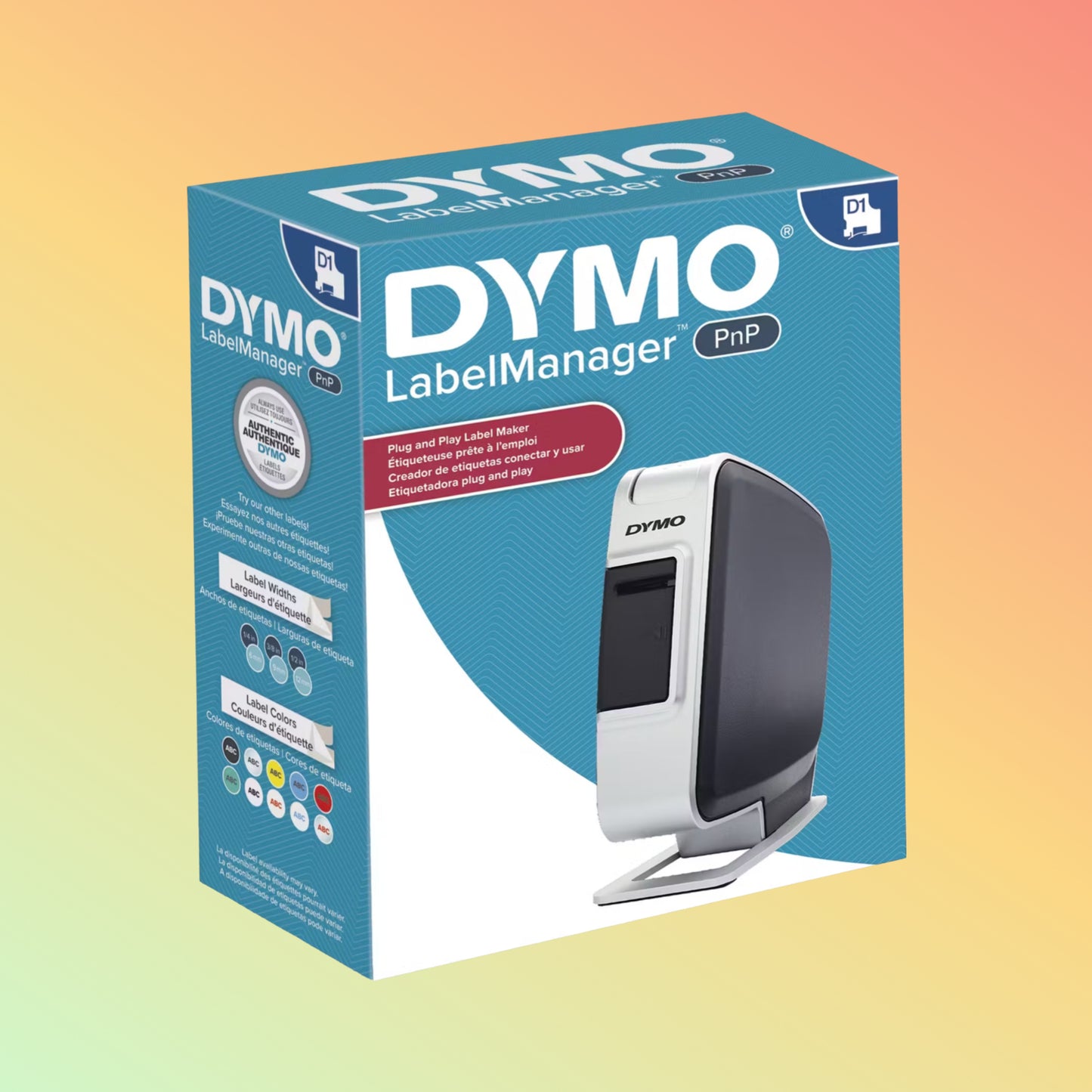 DYMO LabelManager Plug N Play Front View: Compact and sleek label maker connected via USB.