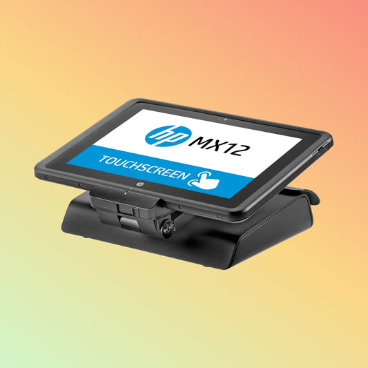 "Front view of HP Pro x2 612 G2 POS Terminal showcasing its 12-inch touchscreen display."