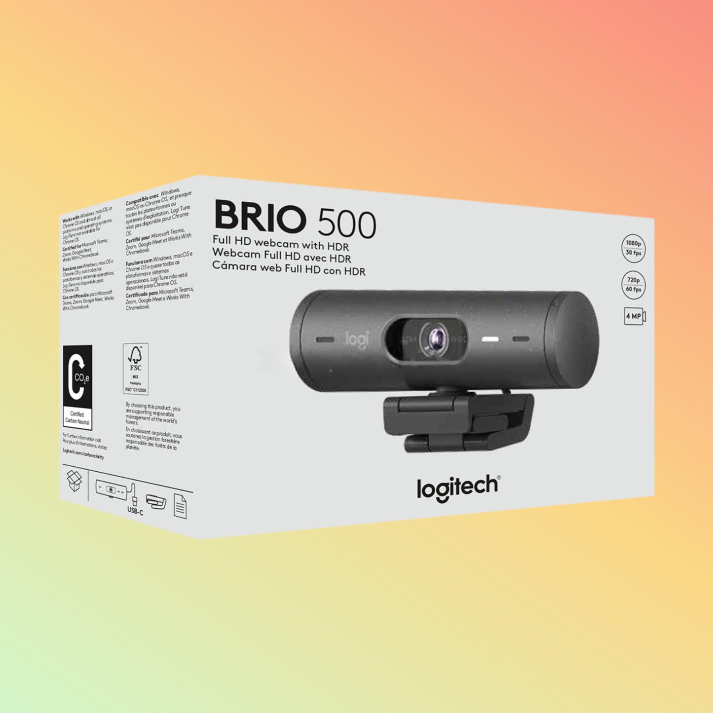 "Logitech Brio 500 HD Webcam packaging, featuring sleek and compact design."