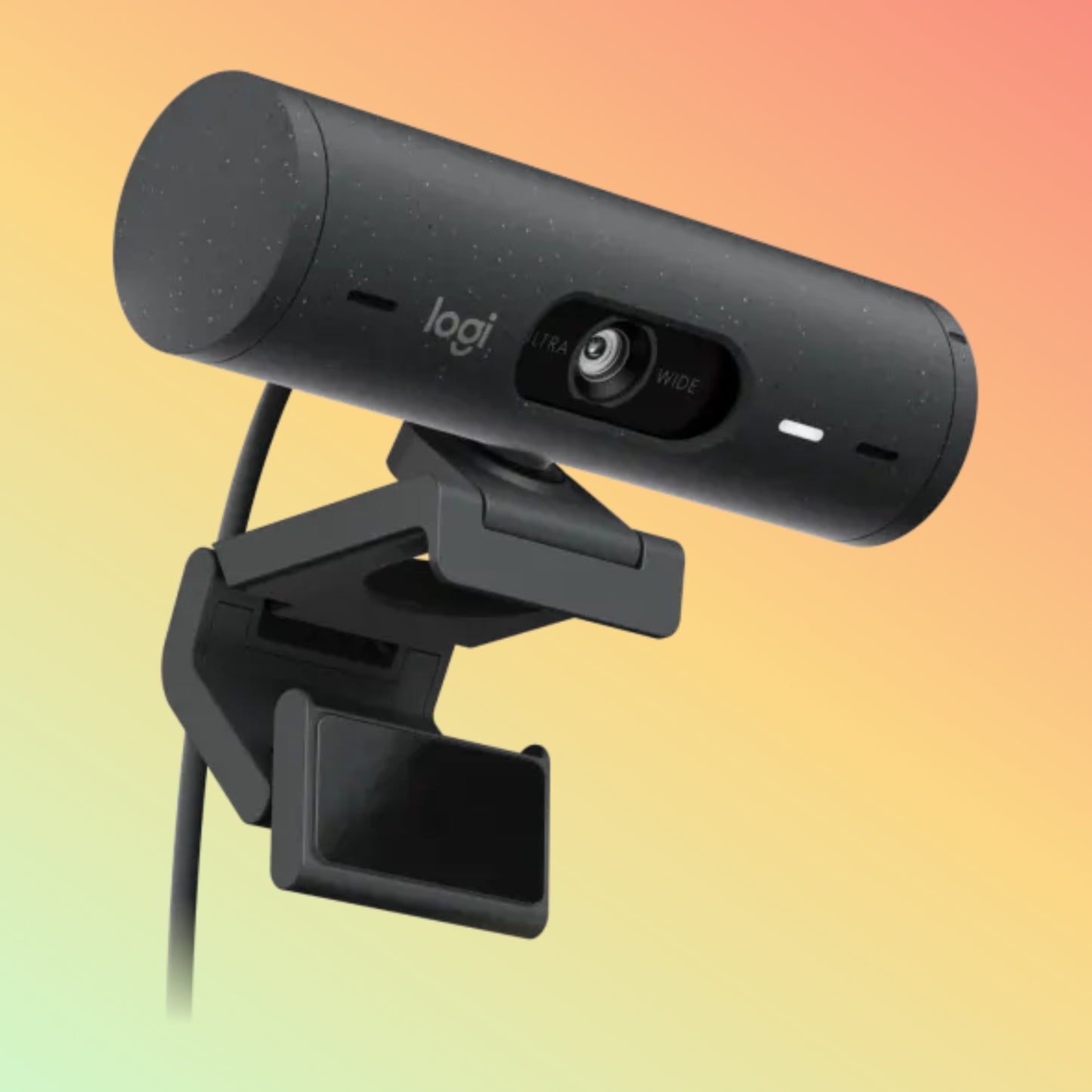 "Logitech Brio 500 HD Webcam in graphite finish, mounted on a laptop."