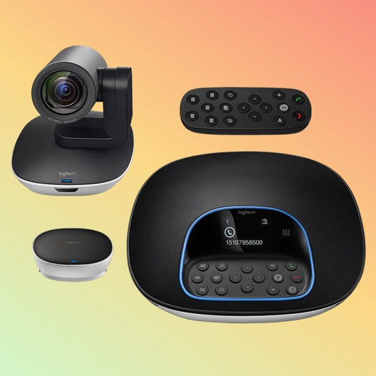 Logitech GROUP Video Conferencing System setup in a meeting room.