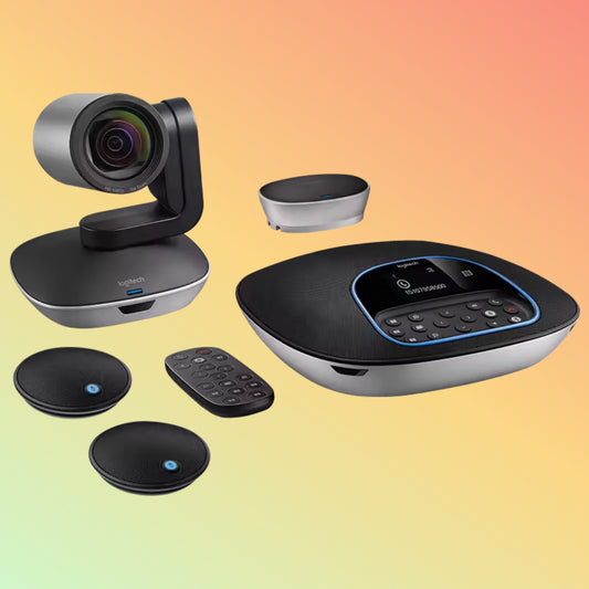 Close-up of the Logitech GROUP camera with HD 1080p/30 resolution.