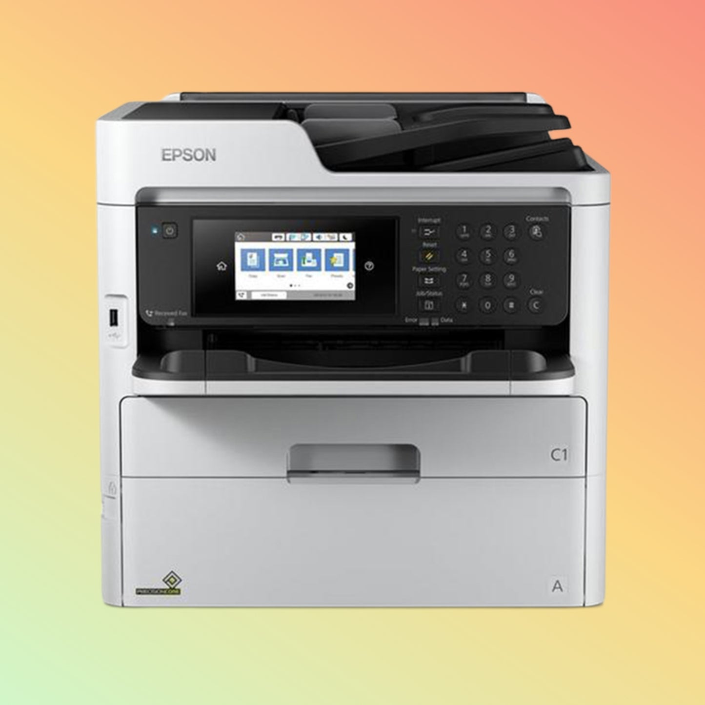 Close-up of the Epson WorkForce Pro WF-C579RDWF touchscreen control panel, offering easy navigation for printing, scanning, copying, and faxing tasks.