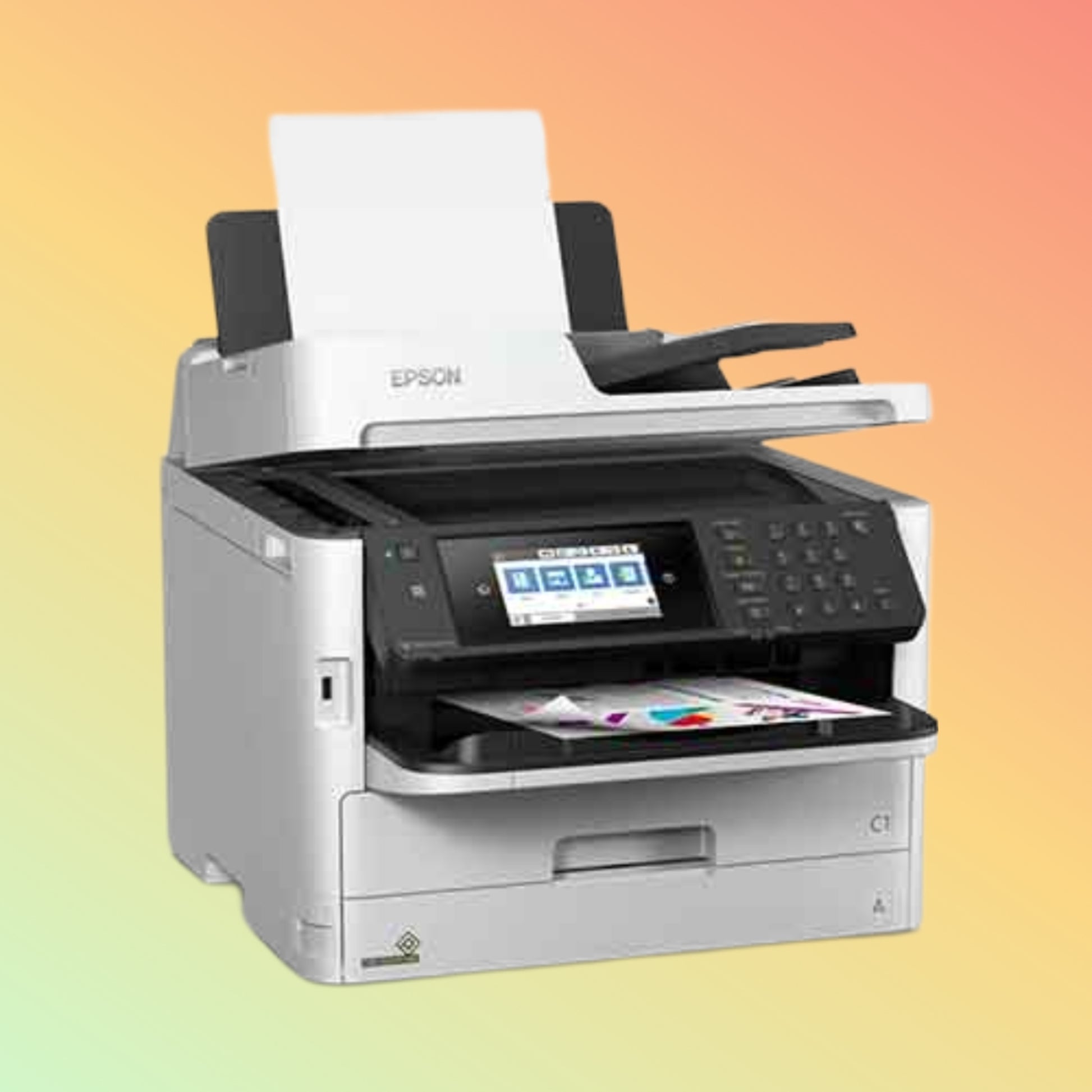 Side view of Epson WorkForce Pro WF-C579RDWF with paper tray open, highlighting the large 1,330-sheet capacity for efficient workflow management.