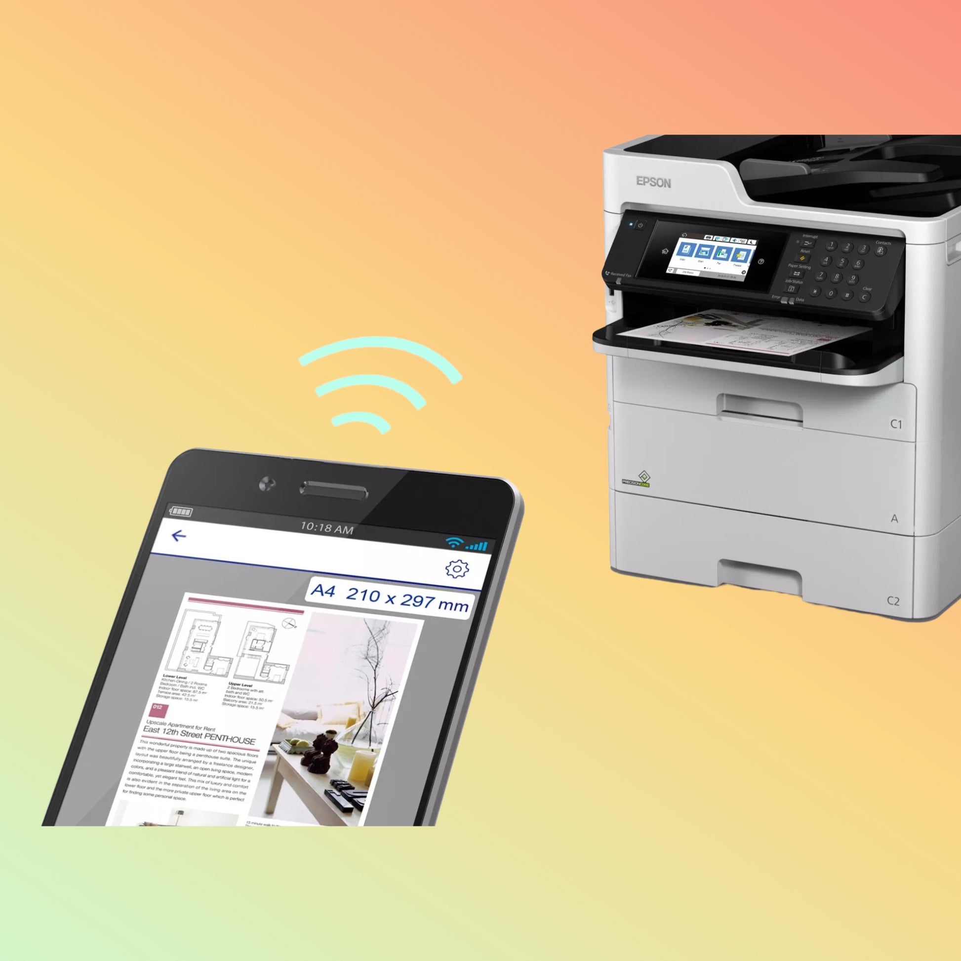 Epson WorkForce Pro WF-C579RDWF in action, displaying fast print output and low environmental impact, featuring high ink yields and low power consumption.