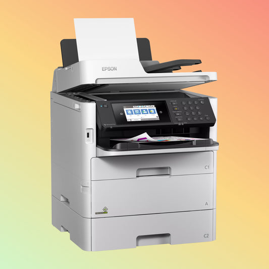 Front view of Epson WorkForce Pro WF-C579RDWF showing its sleek design and compact dimensions, ideal for office use with multiple functionalities.