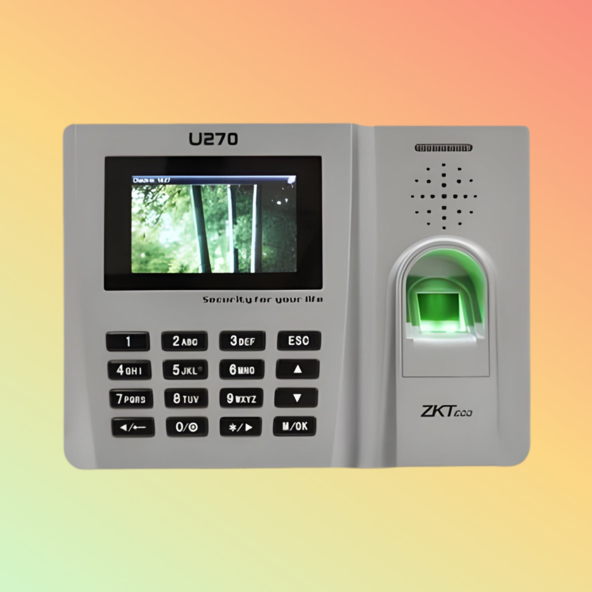 ZKTeco U270 Front View: Image of the ZKTeco U270 biometric time attendance system, highlighting its compact design and color display.