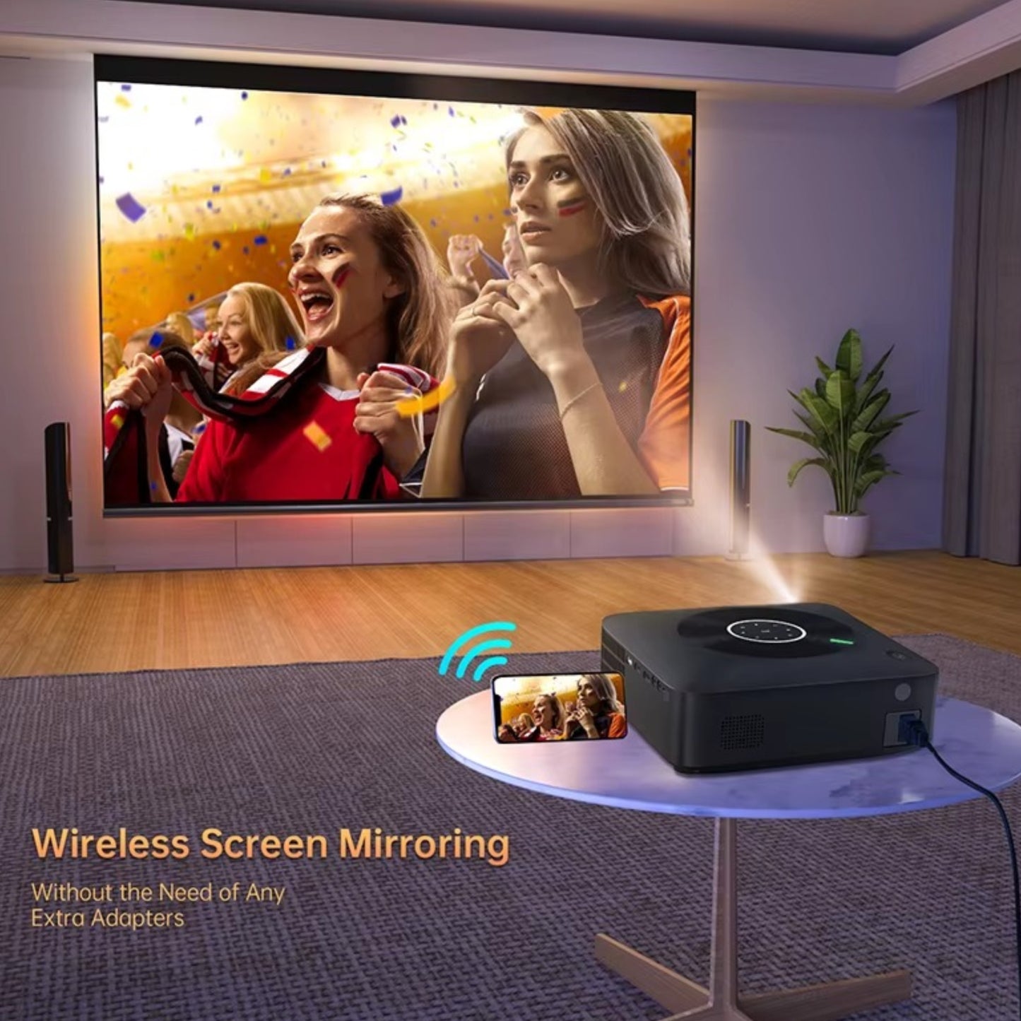 YABER XS01 projector in use with a 300-inch screen, delivering crystal-clear images.