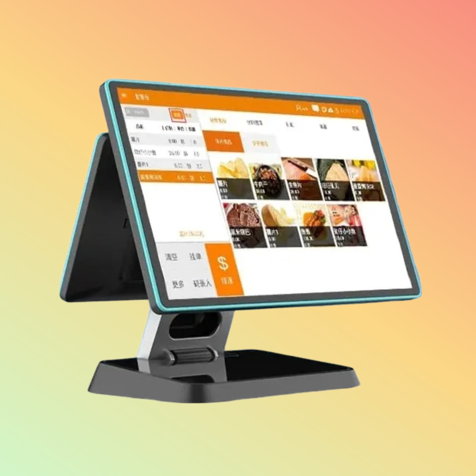 "Front view of Neotech NT-R1001 POS System with dual-screen setup."