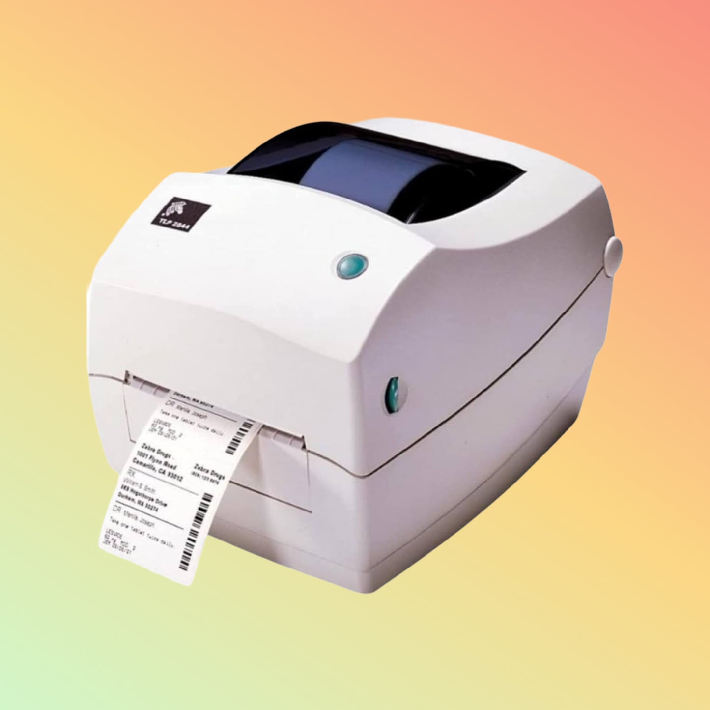 Front view of Zebra TLP-2844-USB Barcode Printer with label roll inserted.