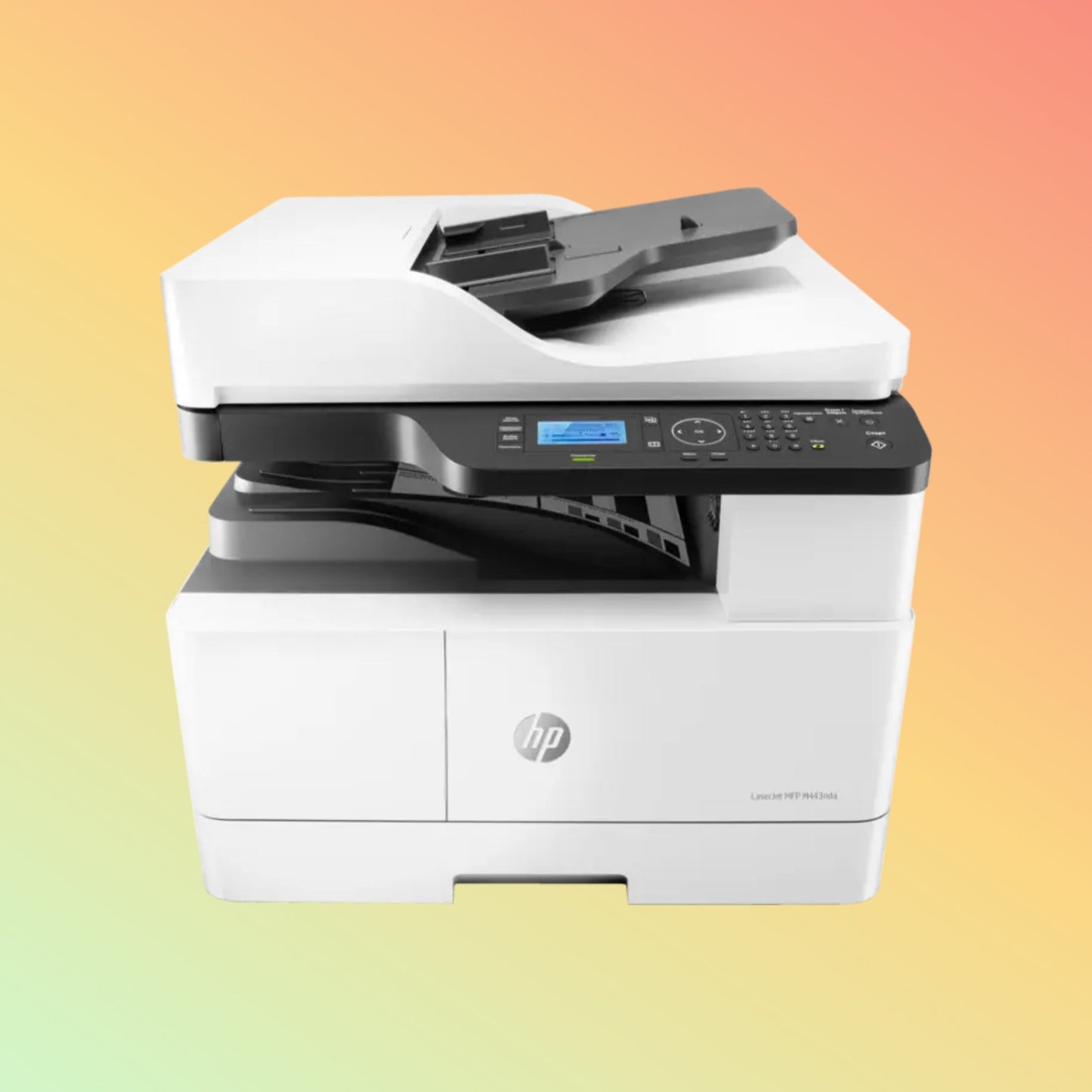 طابعة HP LaserJet MFP M443NDA - A4، طباعة ونسخ ومسح ضوئي، 25 صفحة في الدقيقة، دقة 1200 × 1200 نقطة في البوصة، دورة عمل 50,000 صفحة