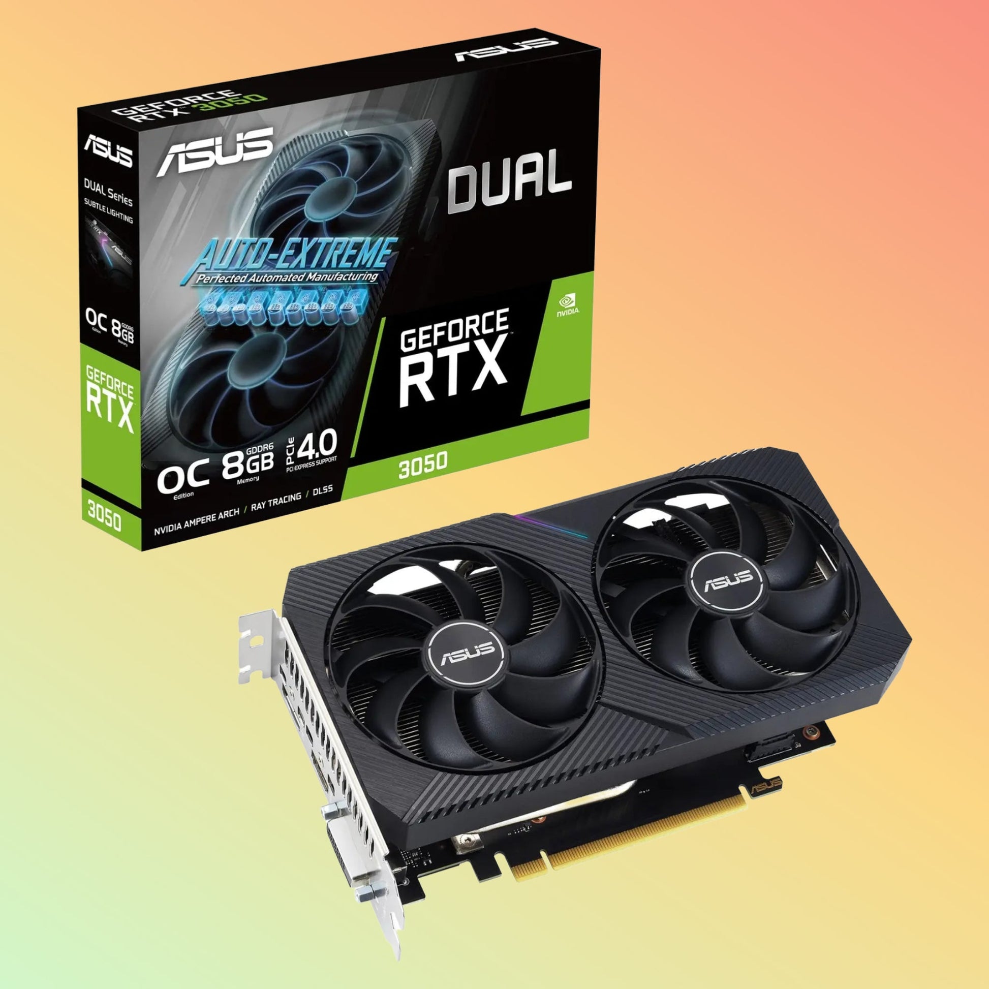 بطاقة رسومات ASUS GeForce RTX 3050 DUAL V2 - بسرعة 14 جيجابت في الثانية، بفتحتين، ودقة 7680 × 4320، ومنفذ DVI، وHDMI، وDP، وذاكرة 8 جيجابت، وD6