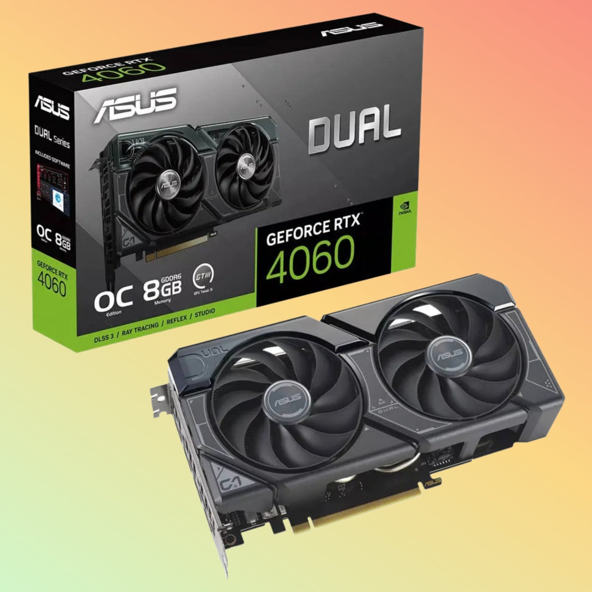 ASUS डुअल GeForce RTX 4060 O8G ग्राफ़िक - 17 Gbps, 2.5 स्लॉट, 7680 x 4320 रिज़ॉल्यूशन, HDMI, DP, 8G, D6