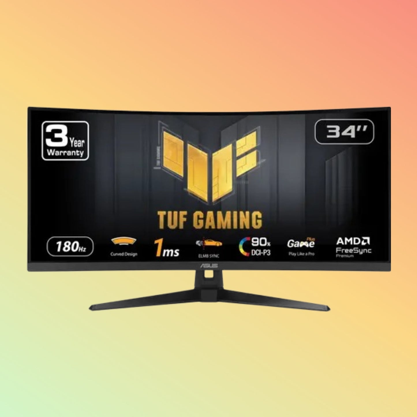 شاشة ألعاب ASUS TUF VG34VQ3B المنحنية - 34 بوصة QHD (3440 × 1440)، VA، إمالة، تثبيت على الحائط، HDMI، DP، 400 شمعة، 180 هرتز (مكبر صوت مدمج)