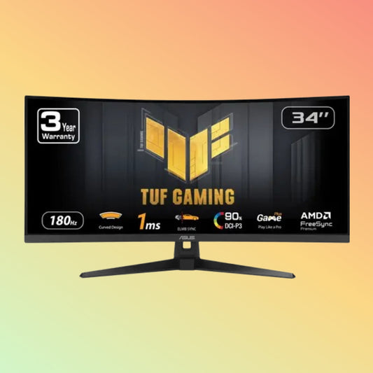 شاشة ألعاب ASUS TUF VG34VQ3B المنحنية - 34 بوصة QHD (3440 × 1440)، VA، إمالة، تثبيت على الحائط، HDMI، DP، 400 شمعة، 180 هرتز (مكبر صوت مدمج)