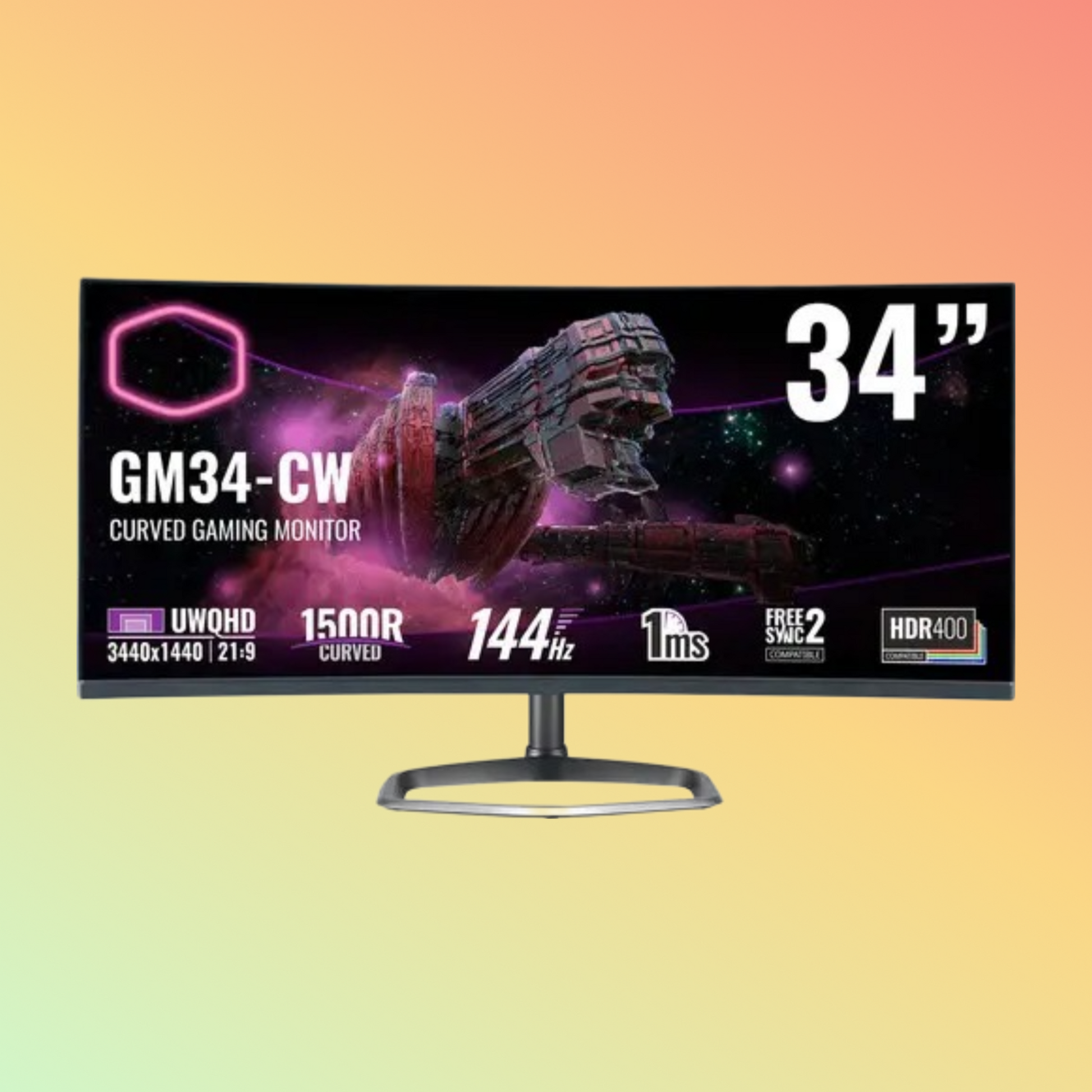 شاشة ألعاب منحنية كولر ماستر GM34-CW - 34 بوصة UWQHD (3440 × 1440)، VA، ارتفاع، دوارة، HDMI، DP، 400 شمعة، 144 هرتز