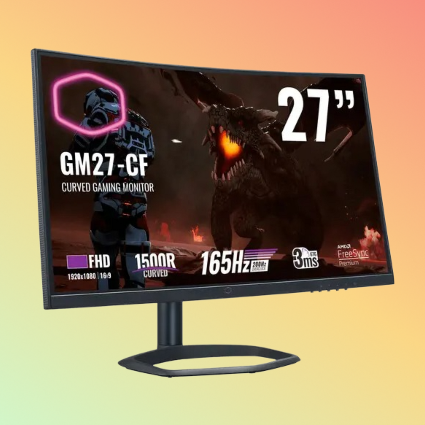 شاشة ألعاب منحنية كولر ماستر GM27-CF - 27 بوصة FHD (1920 × 1080)، VA، ارتفاع، دوارة، HDMI، DP، 300 شمعة، 165 هرتز