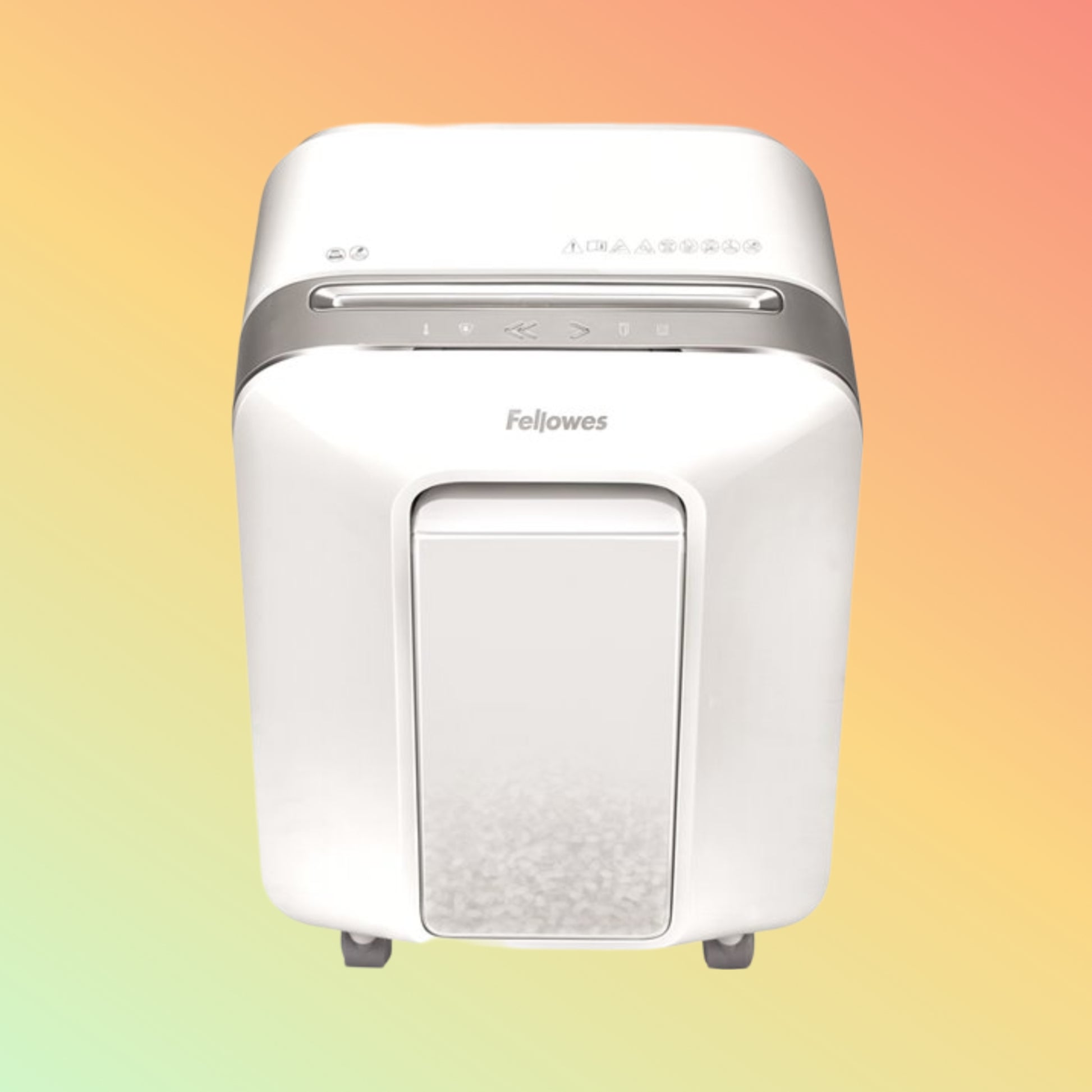 "Fellowes LX200 shredder displaying its sleek black design with bin full indicator."