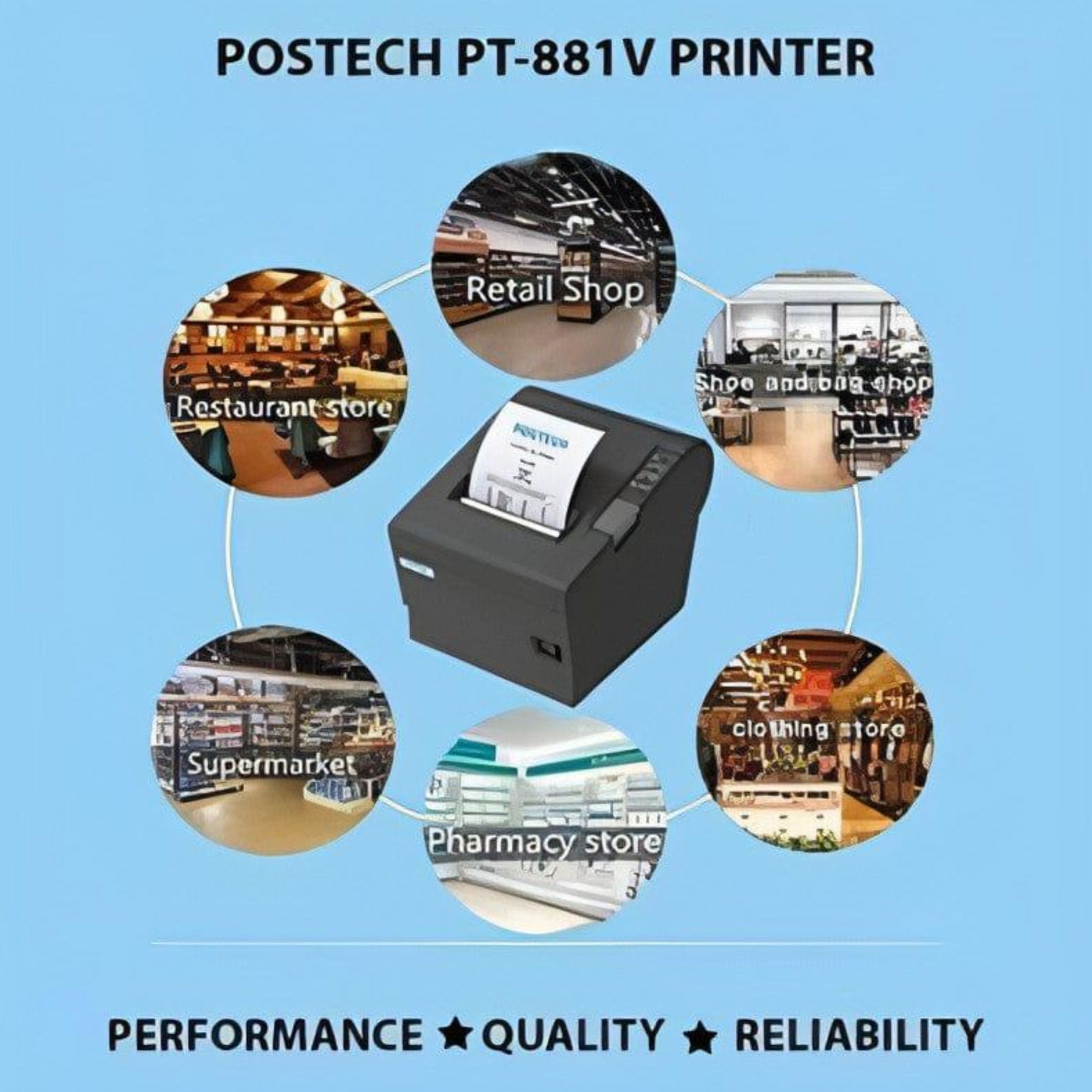 "Compact and sleek Postech PT-88IV-V3 receipt printer with USB, Ethernet, and Serial connectivity."