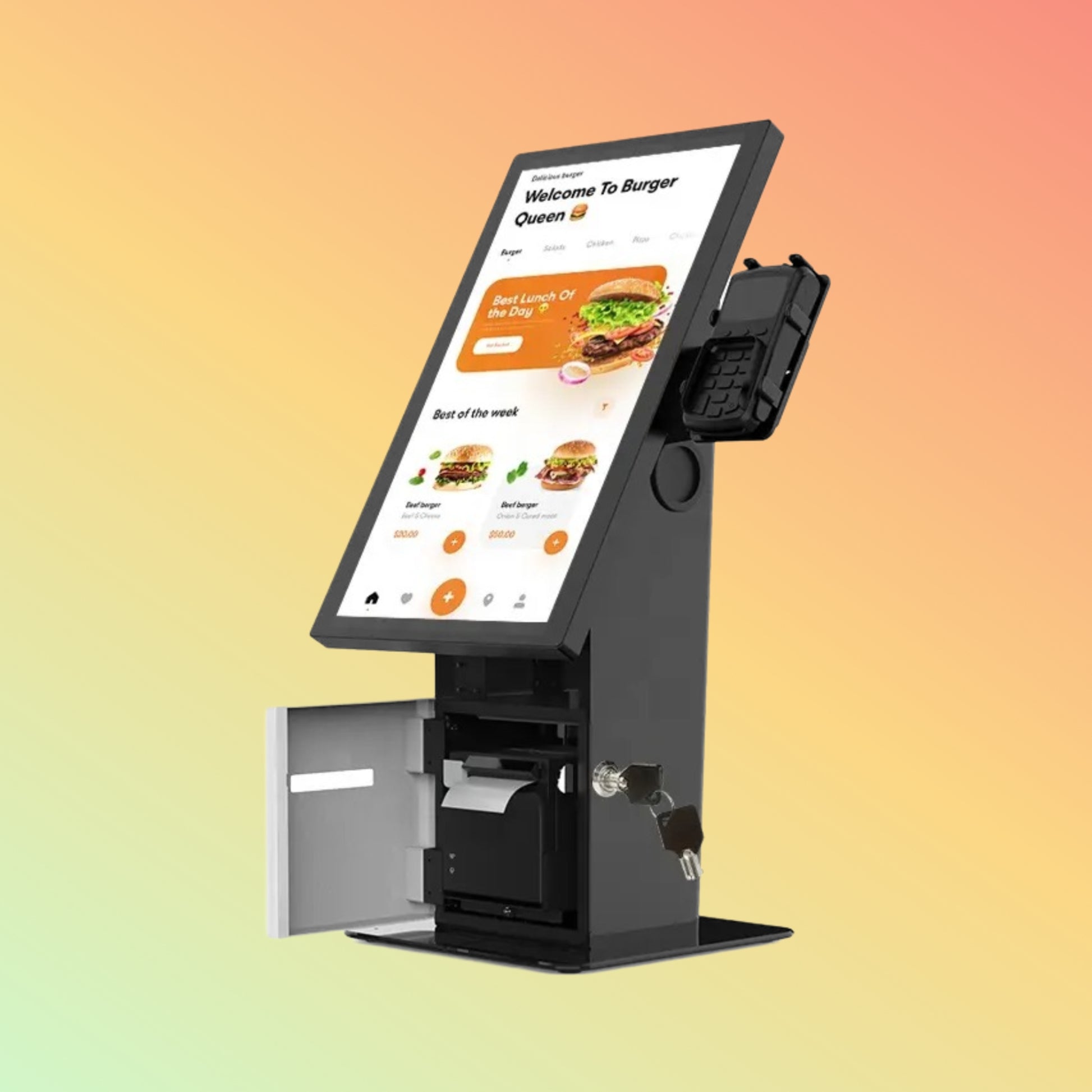 5️⃣ "Wall-mounted &amp; desktop POSTECH PT-R215 kiosk for fast-food &amp; retail."