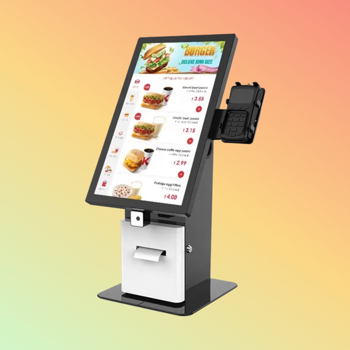 3️⃣ "Capacitive touchscreen POSTECH PT-R215 kiosk with built-in printer."