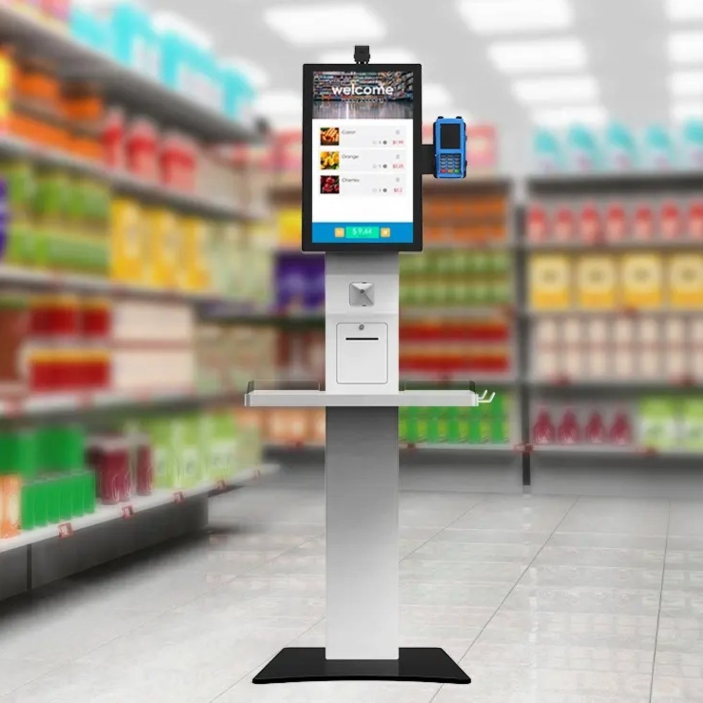 "MAKEN 27-Inch Android Self-Service Kiosk with touchscreen interface."