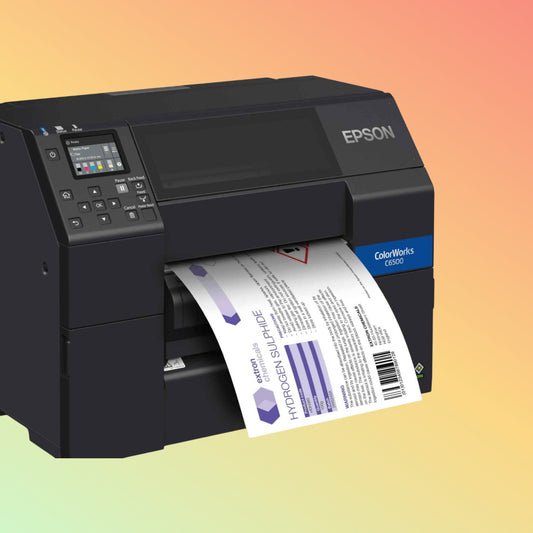 "Epson ColorWorks C6500A Inkjet Label Printer with auto-cutter, front panel view."