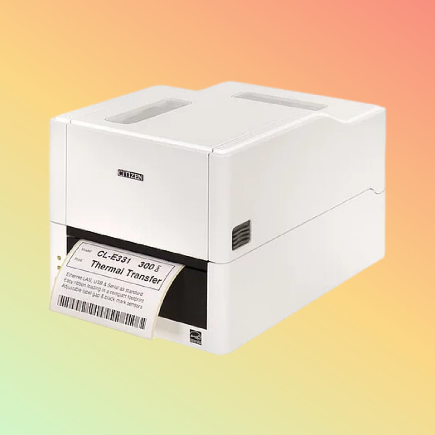 Citizen CL-S331 White compact thermal label printer front view.