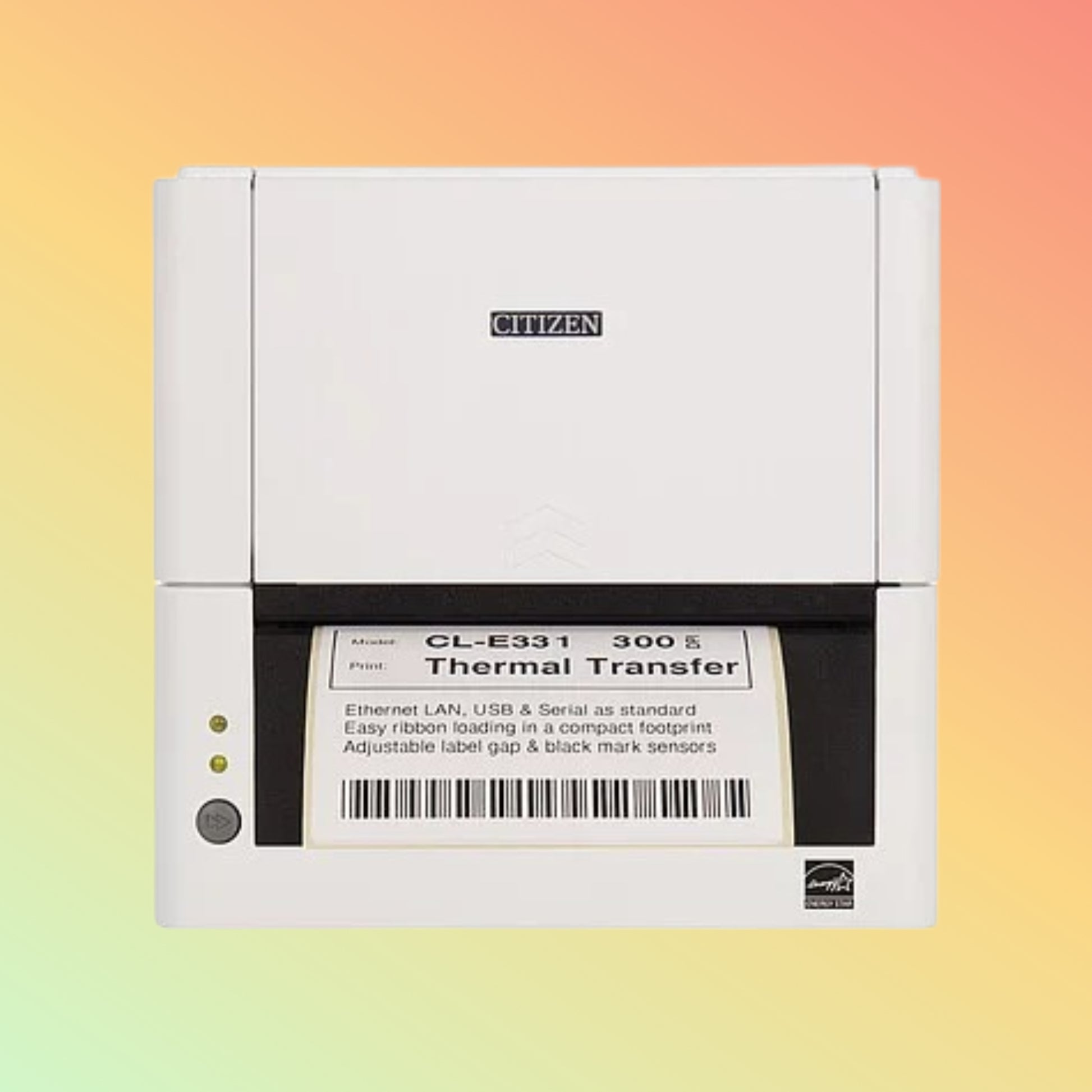 Side view of Citizen CL-S331 White printer showing connectivity ports.