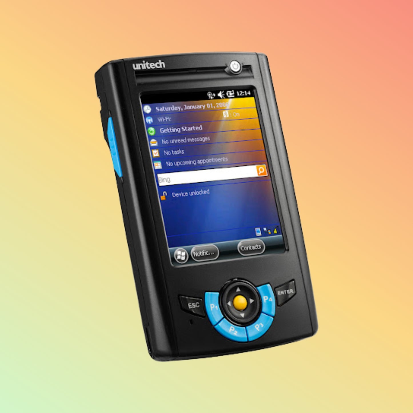 Compact Unitech PA500 PDA showing clear touchscreen display
