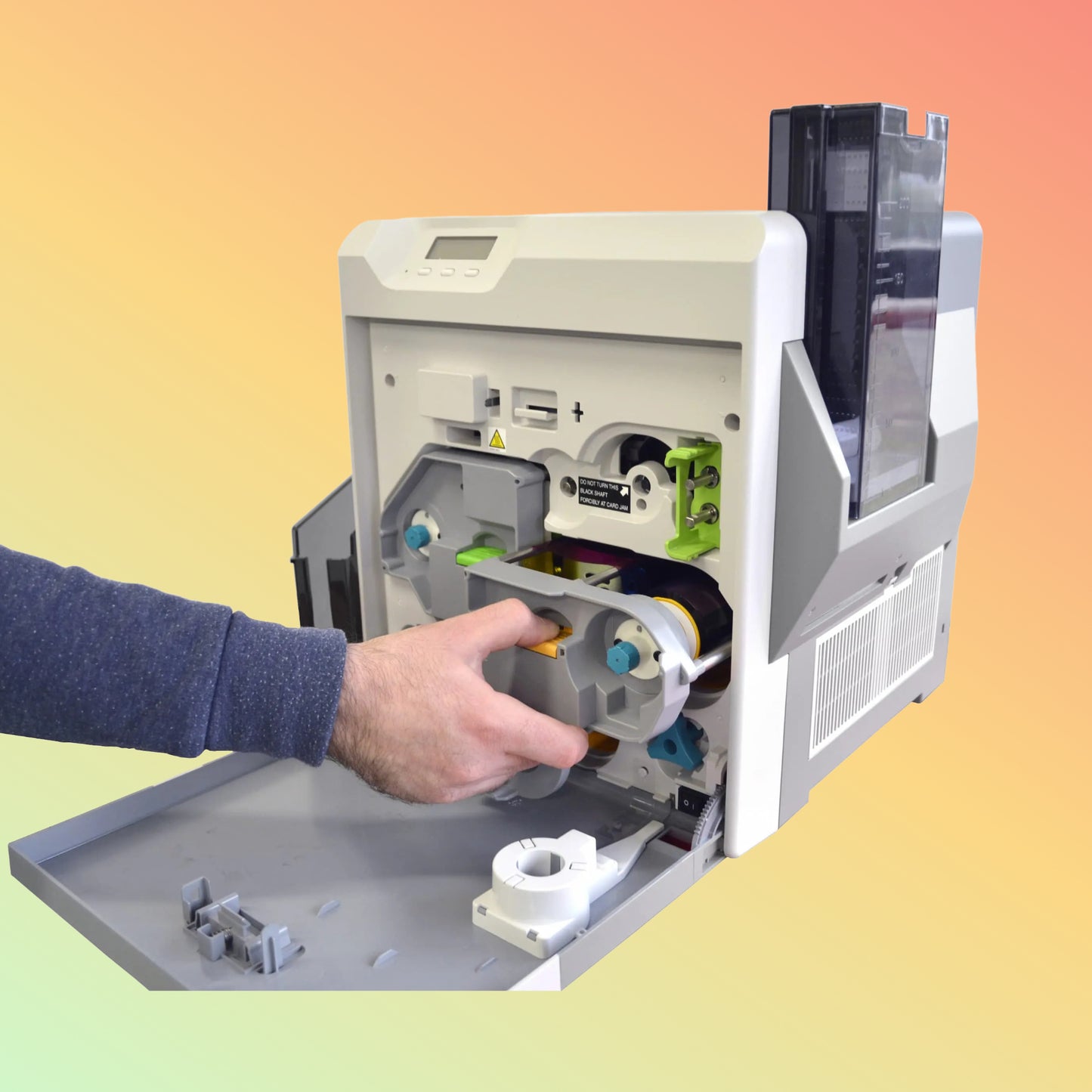 Side view showing card feeder and output stacker