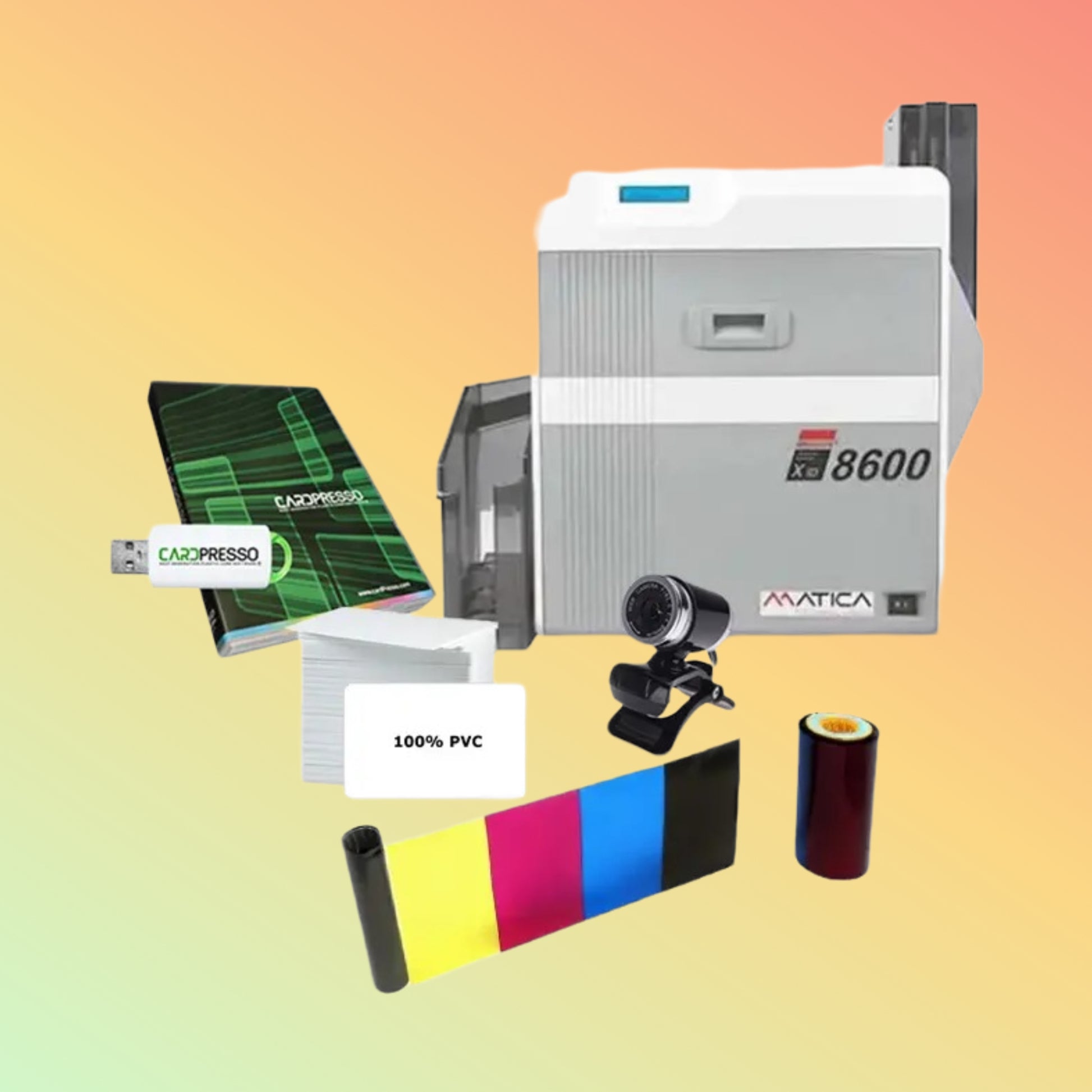 Front view of Matica XID8600 ID card printer with display panel