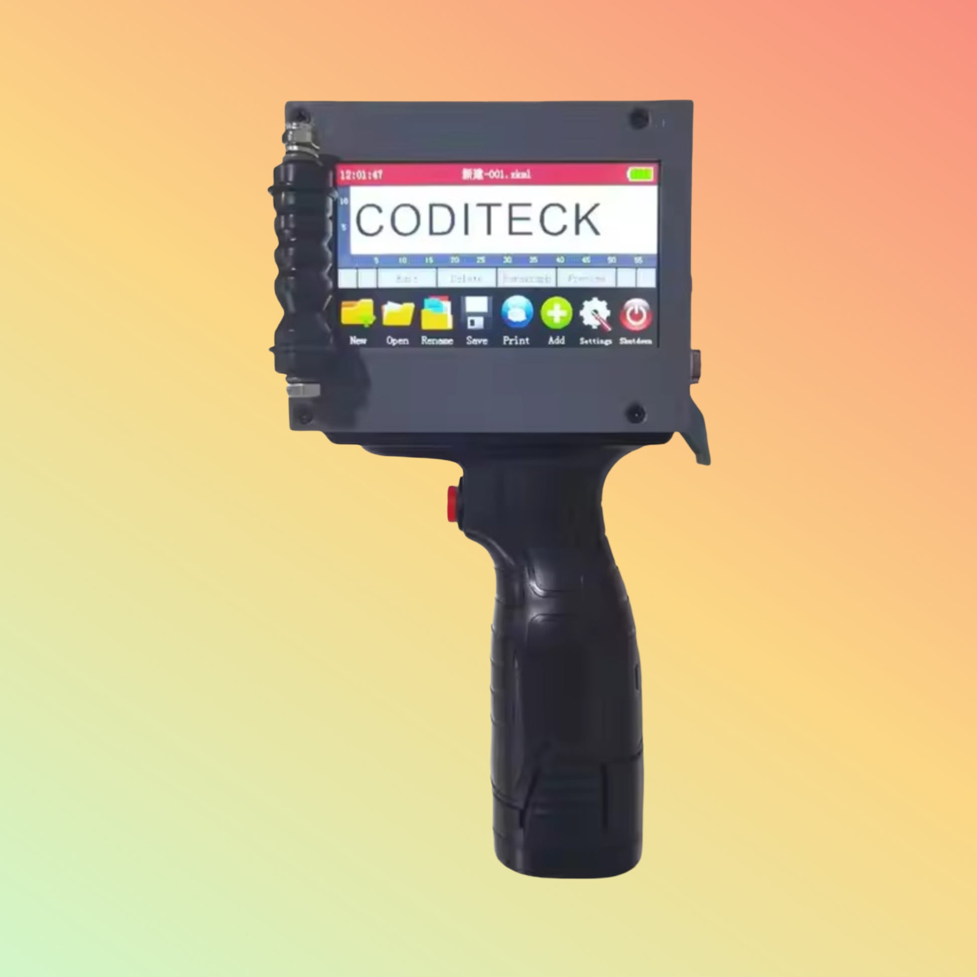 A handheld high-speed inkjet gun printer with a digital display and control buttons, branded by Coditeck.