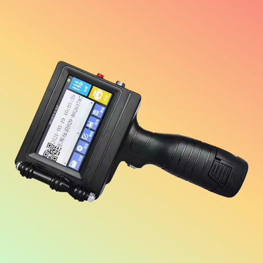 A handheld inkjet printer with a display screen showing a printed label, with a black body and red and blue buttons.