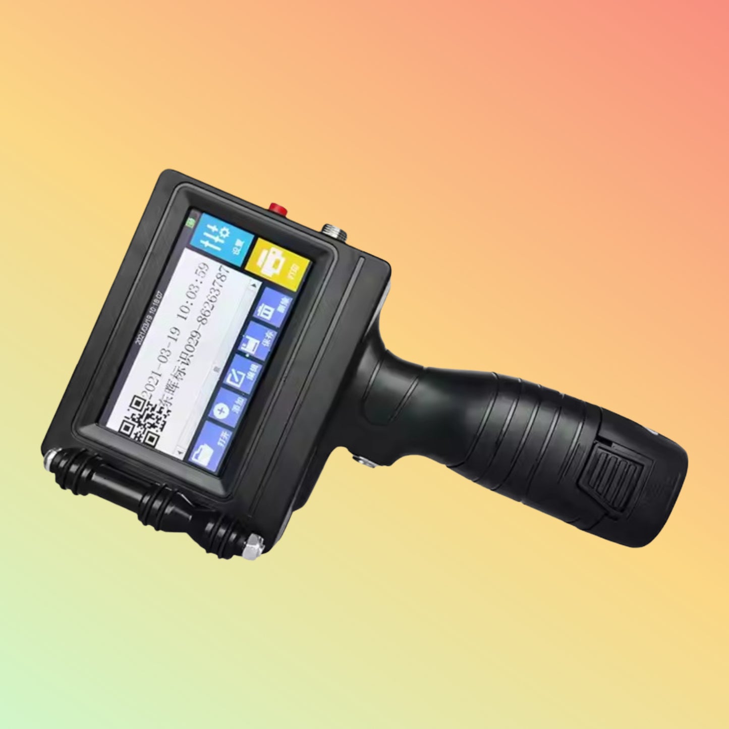 A portable handheld inkjet printer with a display screen, ergonomic design, and a black color scheme.