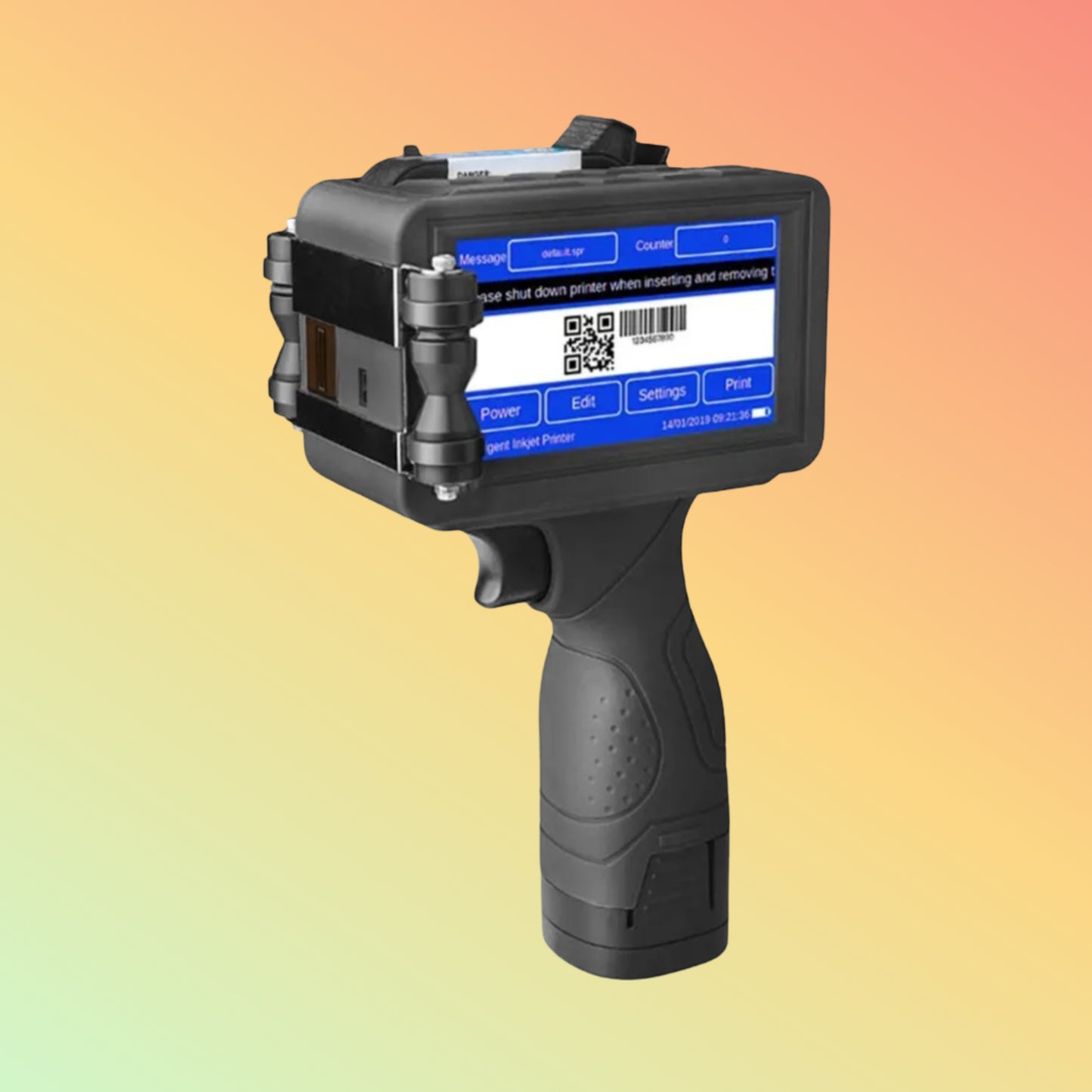 Industrial handheld barcode and QR code printer with a digital display, showing a printed QR code, in a vertical orientation against a gradient background.