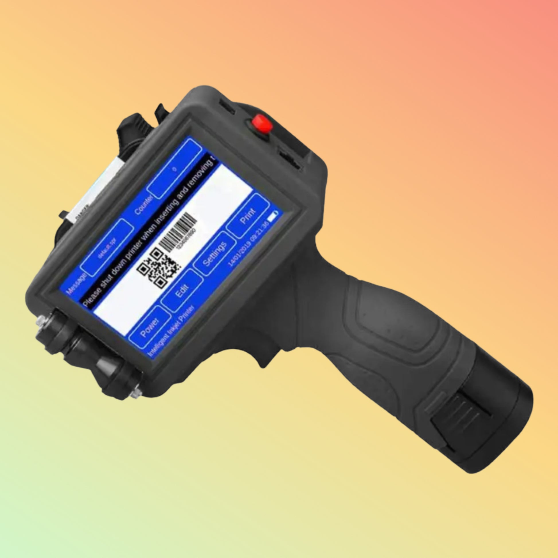 Handheld device with a screen displaying a QR code on a gradient background