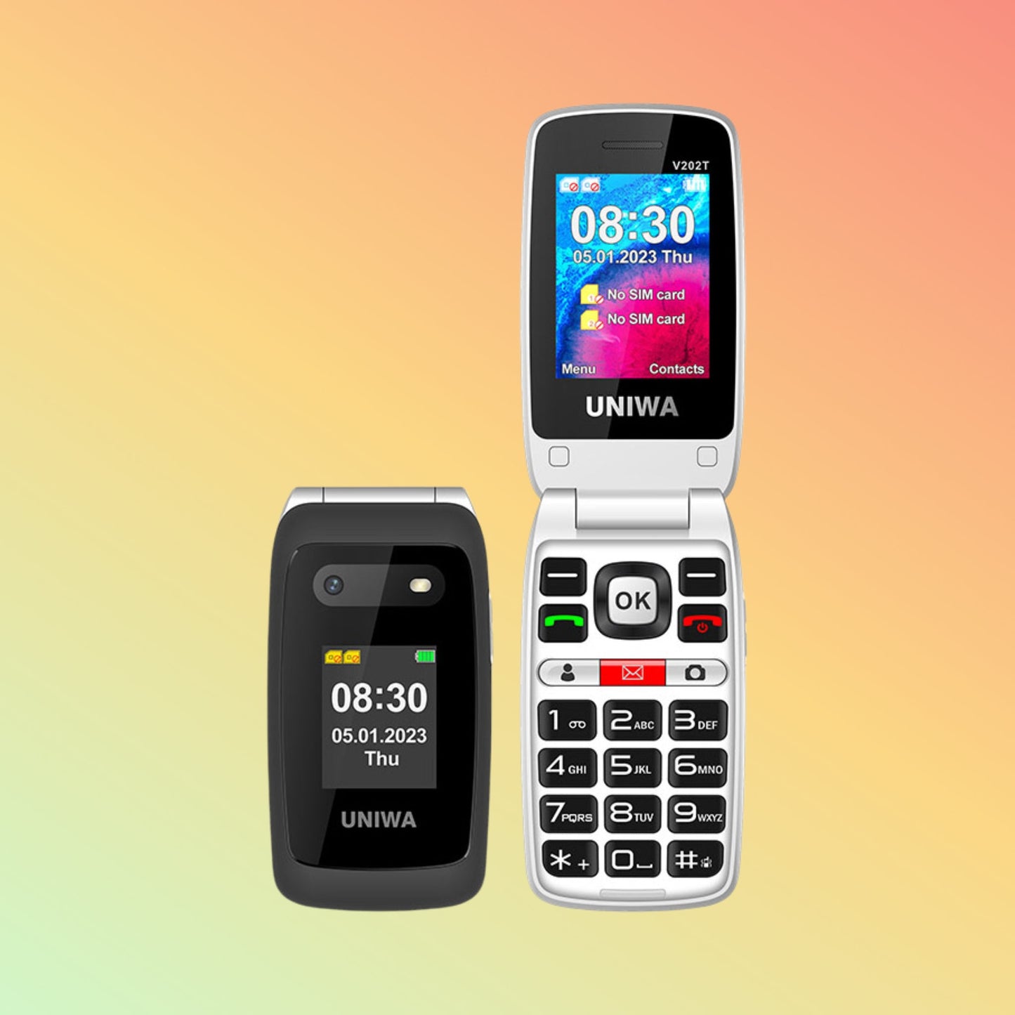 هاتف UNIWA V202T بشاشة مزدوجة 2.4 بوصة/1.77 بوصة مع زر SOS 4G قابل للطي لكبار السن