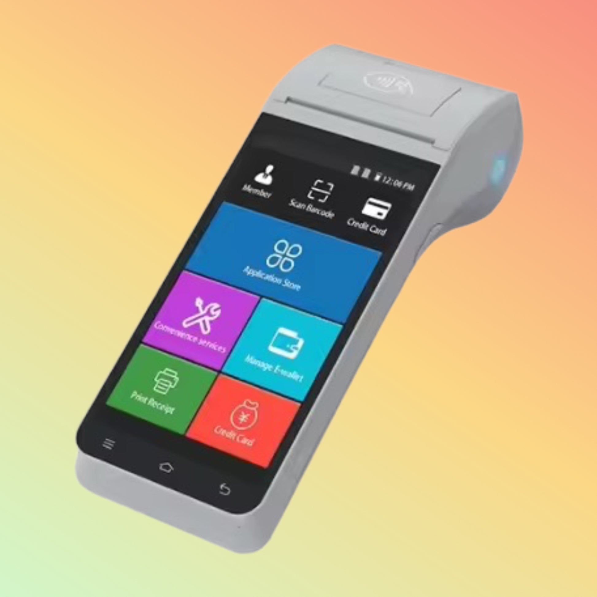 "Side view of Android POS Z91 with NFC and 4G connectivity."