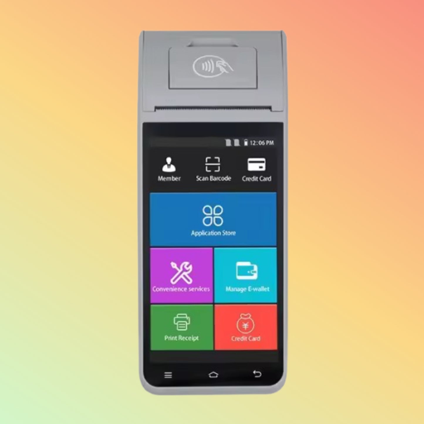 "Android POS Z91 showing 5.5-inch touch screen and printer."