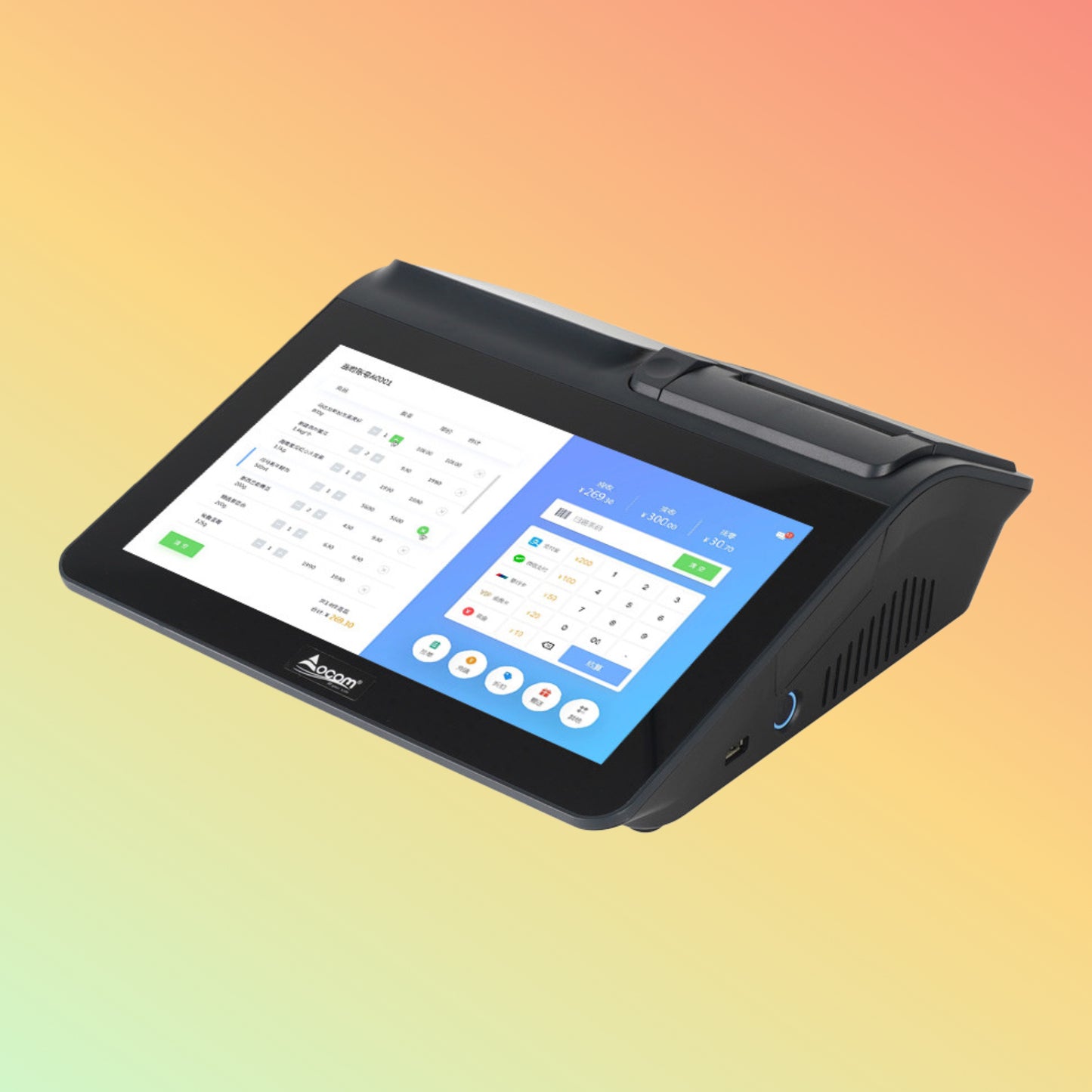 Ocom (POS-M1106) 11.6 इंच एंड्रॉयड/विंडोज टच स्क्रीन POS सिस्टम प्रिंटर, स्कैनर, डिस्प्ले, RFID और MSR के साथ
