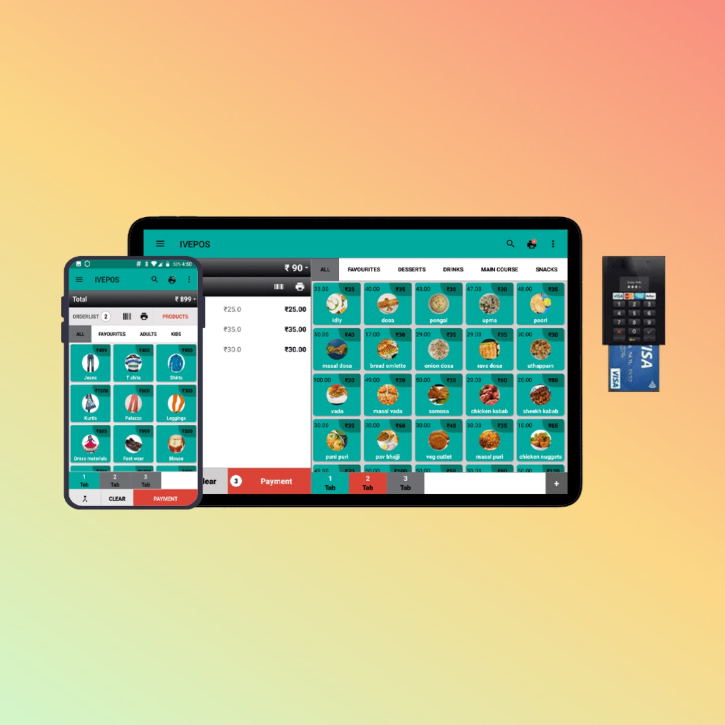 Tablet and smartphone displaying a restaurant POS system on a gradient background