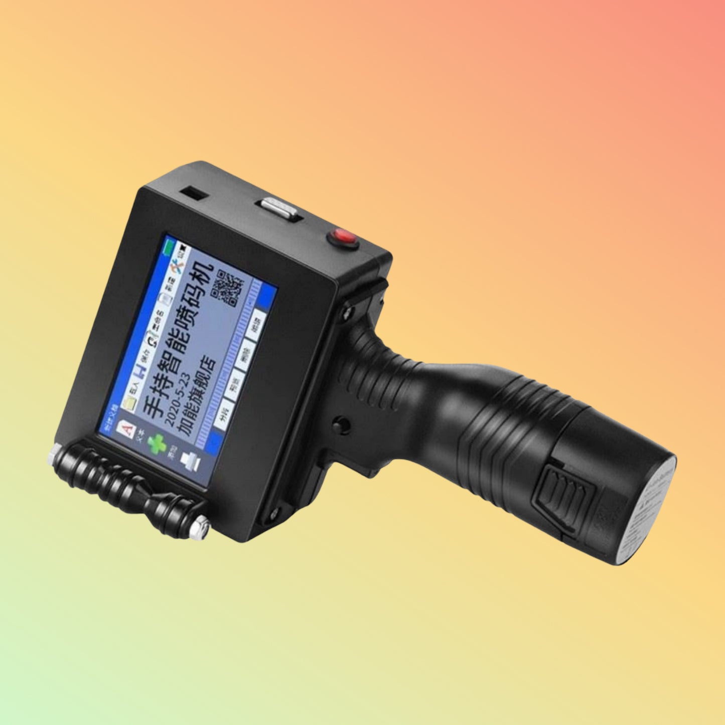 Black handheld device with a display on a gradient background