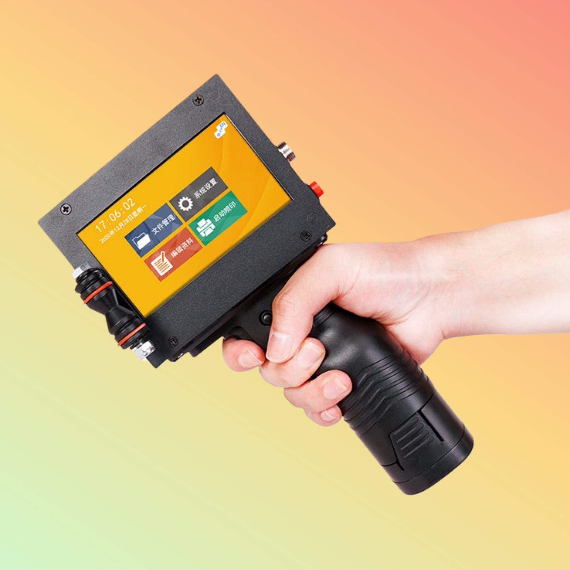 Hand holding a handheld device with a colorful display against a gradient background